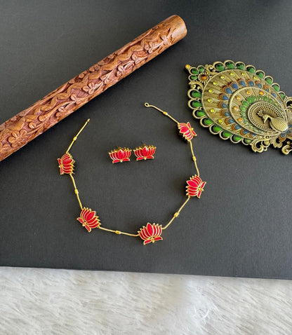 Matte finish pink lotus enamel necklace set dj-52111