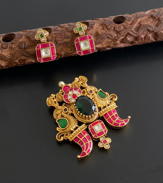 Antique gold tone pink-green-white kundan jadau peacock pendant set dj-54431