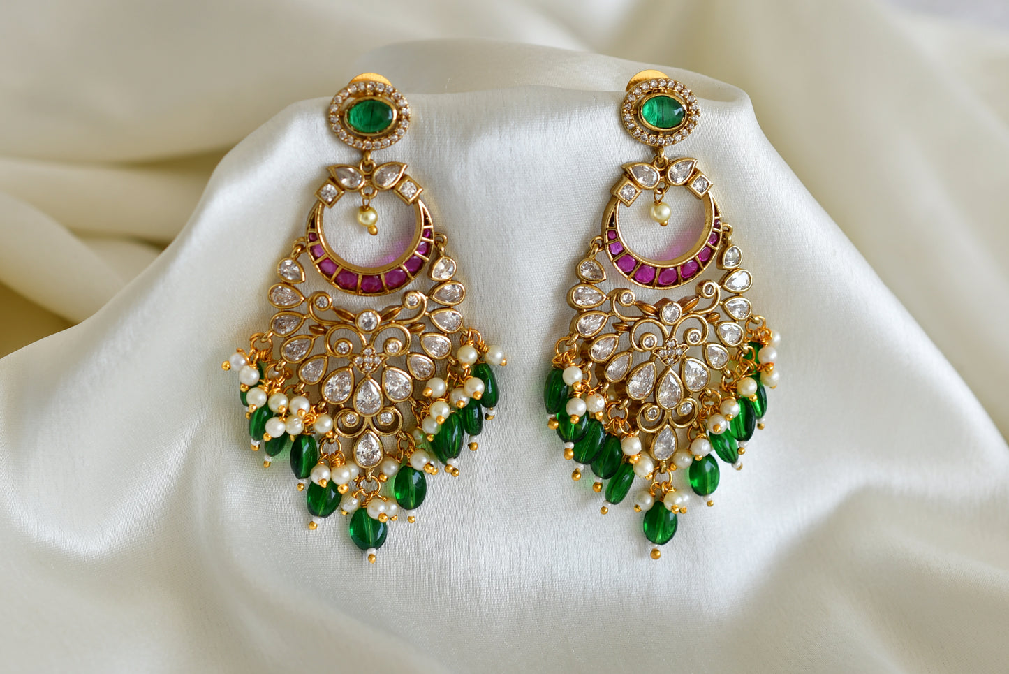 Antique gold tone pink-green-white pearl bali long earrings dj-52563