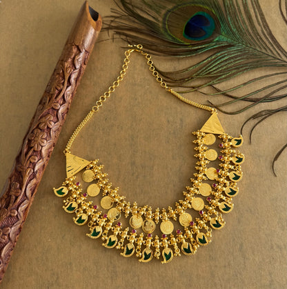 Gold tone kerala style pink-green mango lakshmi coin double layer necklace dj-51734