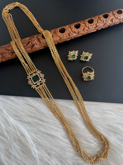 Matte finish cz green block stone mugappu chandra haar set dj-51243