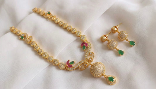 Gold tone Cz-ruby-emerald Necklace Set-dj17109