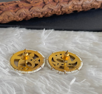 Gold tone pink-green kundan jadau peacock round big stud/earrings dj-51500