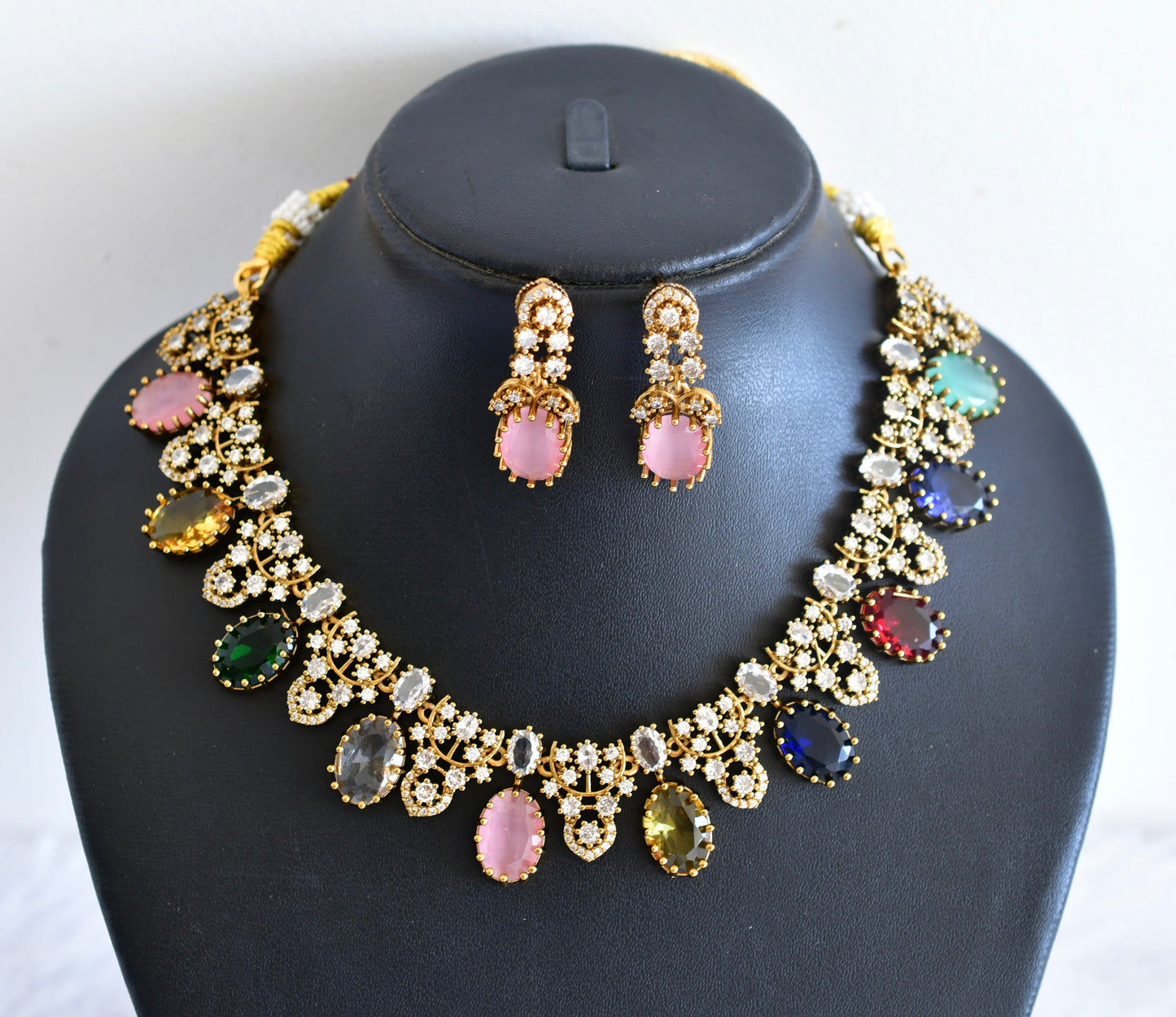 Antique gold tone cz multi colour stone necklace set dj-53016