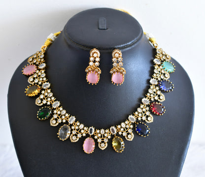 Antique gold tone cz multi colour stone necklace set dj-53016