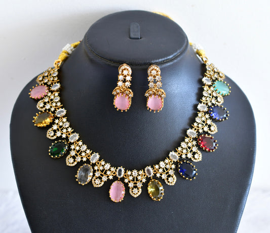 Antique gold tone cz multi colour stone necklace set dj-53016