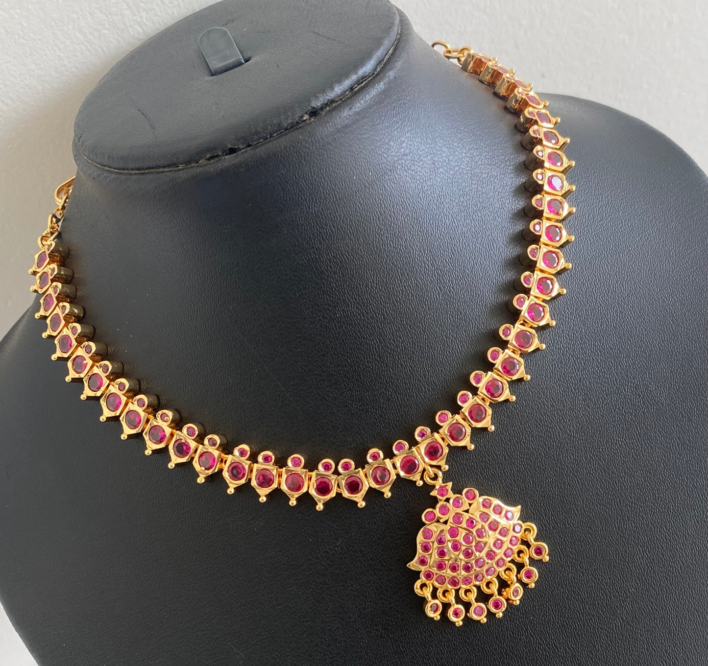 Gold tone AD pink stone south indian necklace dj-53896