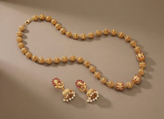 Matte finish kemp peacock beaded necklace set DJ29902