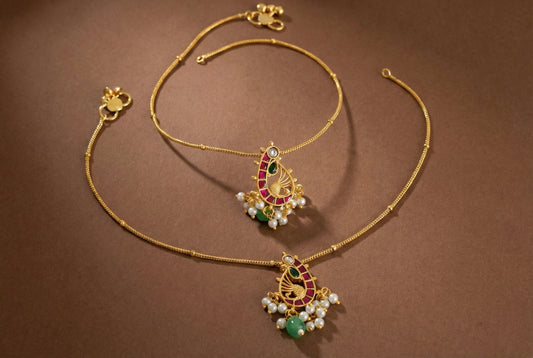 Gold tone pink-green-white peacock kundan jadau anklets dj-52396