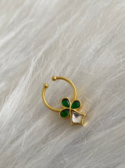 Gold tone kundan jadau green-white stone nose pin/bulakku dj-53758