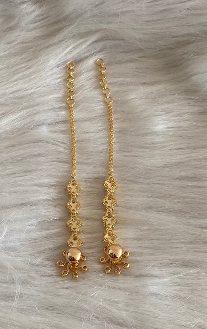 Gold tone white stone earrings with ear side chain dj-55059