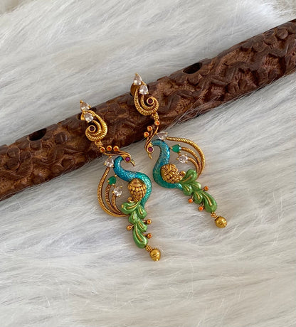 Matte finish white-kemp-green peacock long earrings dj-54650