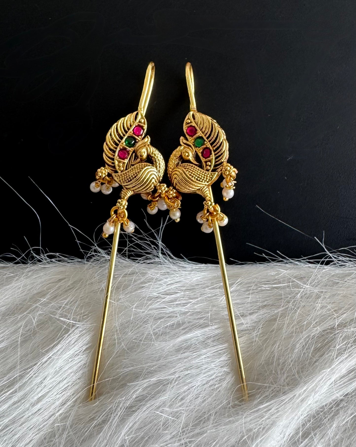 Gold tone pink-green kundan jadau peacock bugadi needle earrings dj-51142