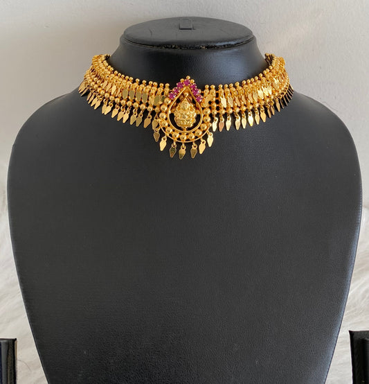 Gold tone kerala style elakka pink stone lakshmi choker necklace dj-54544