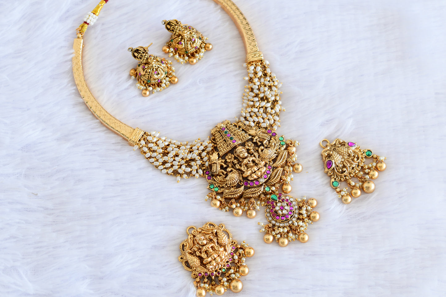 Antique gold tone lakshmi necklace with changeable pendants set dj-53008