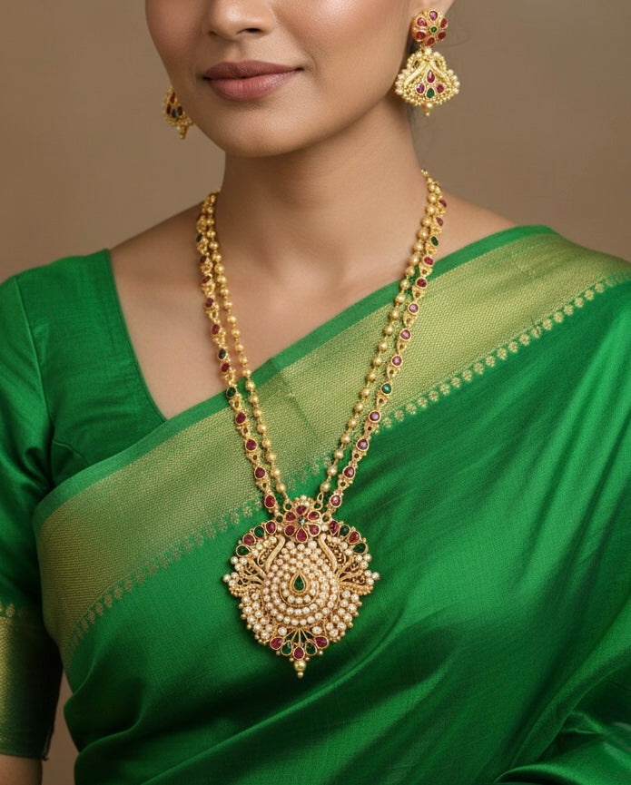Gold tone double layer real kemp stone haar with screw back earrings dj-17584