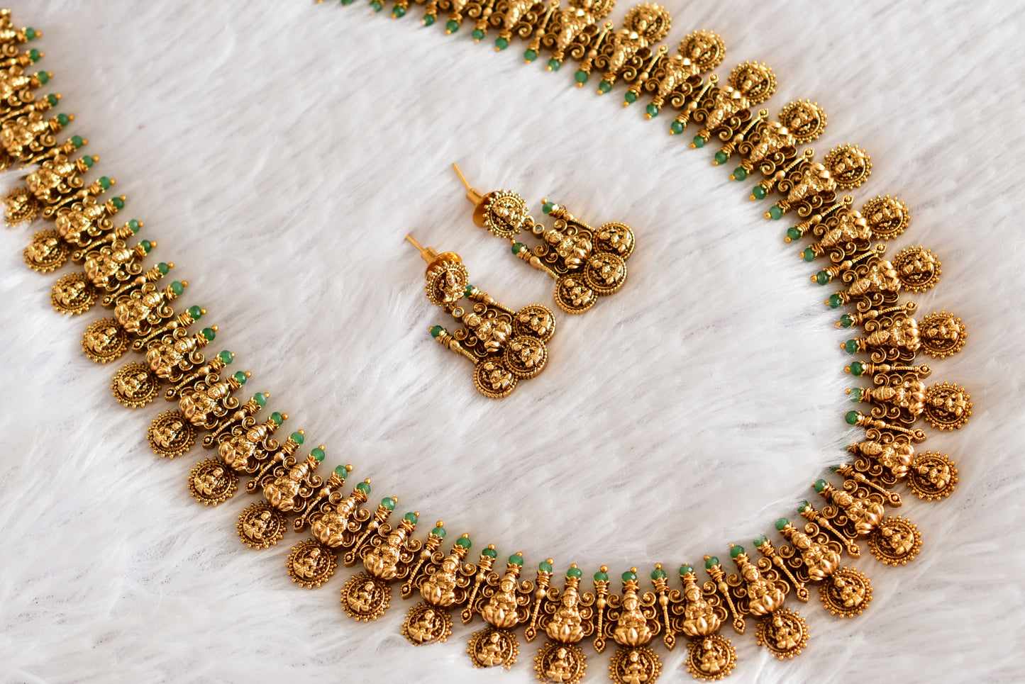 Antique gold tone green bead lakshmi haar set dj-52434