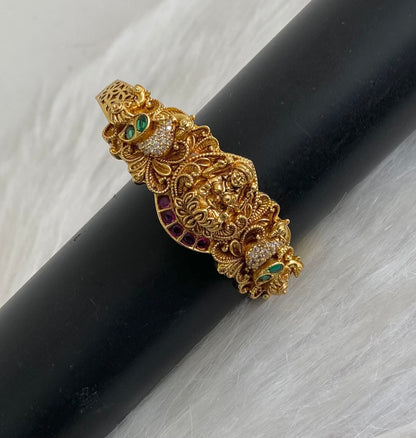 Antique gold tone kemp-green-white stone lakshmi peacock openable kada/bracelet dj-54853