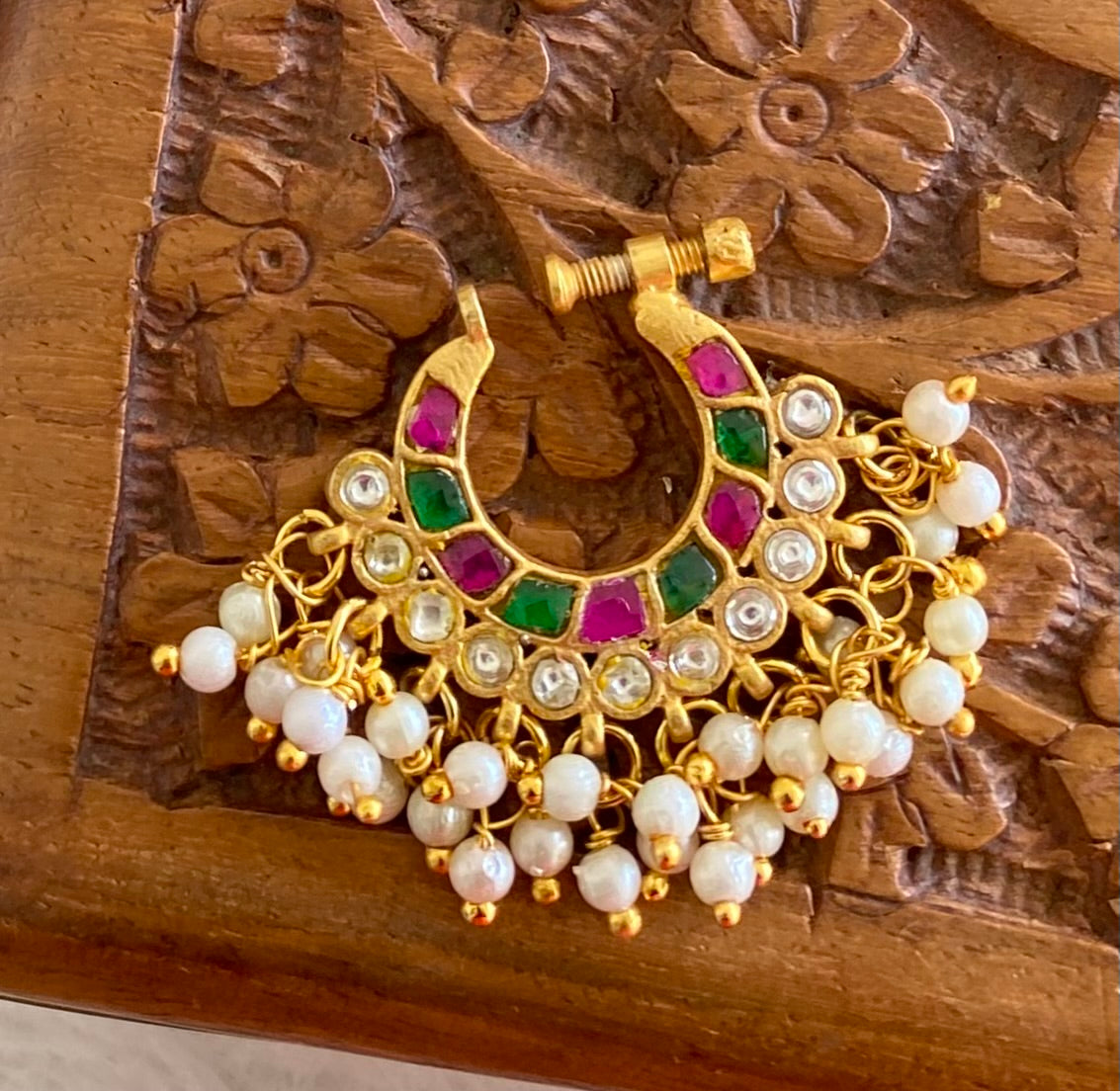 Gold tone kundan jadau pink-green-white stone pearl nose pin dj-53726
