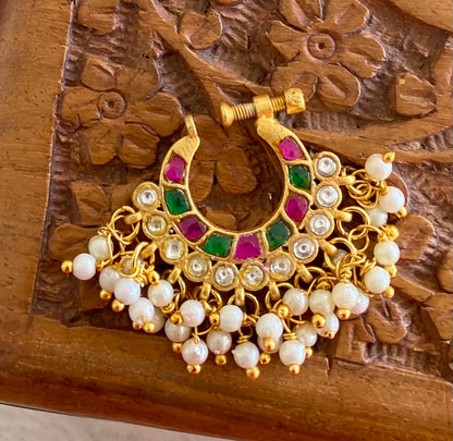 Gold tone kundan jadau pink-green-white stone pearl nose pin dj-53726