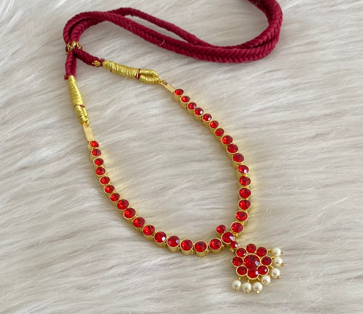 Gold tone AD red stone pearl attigai necklace dj-54988