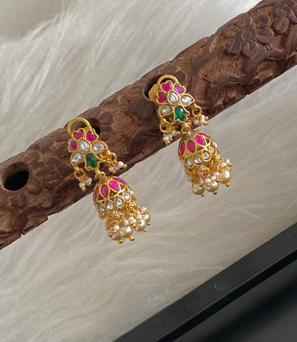 Gold tone pink-green-white stone kundan jadau pearl jhumkka dj-54589