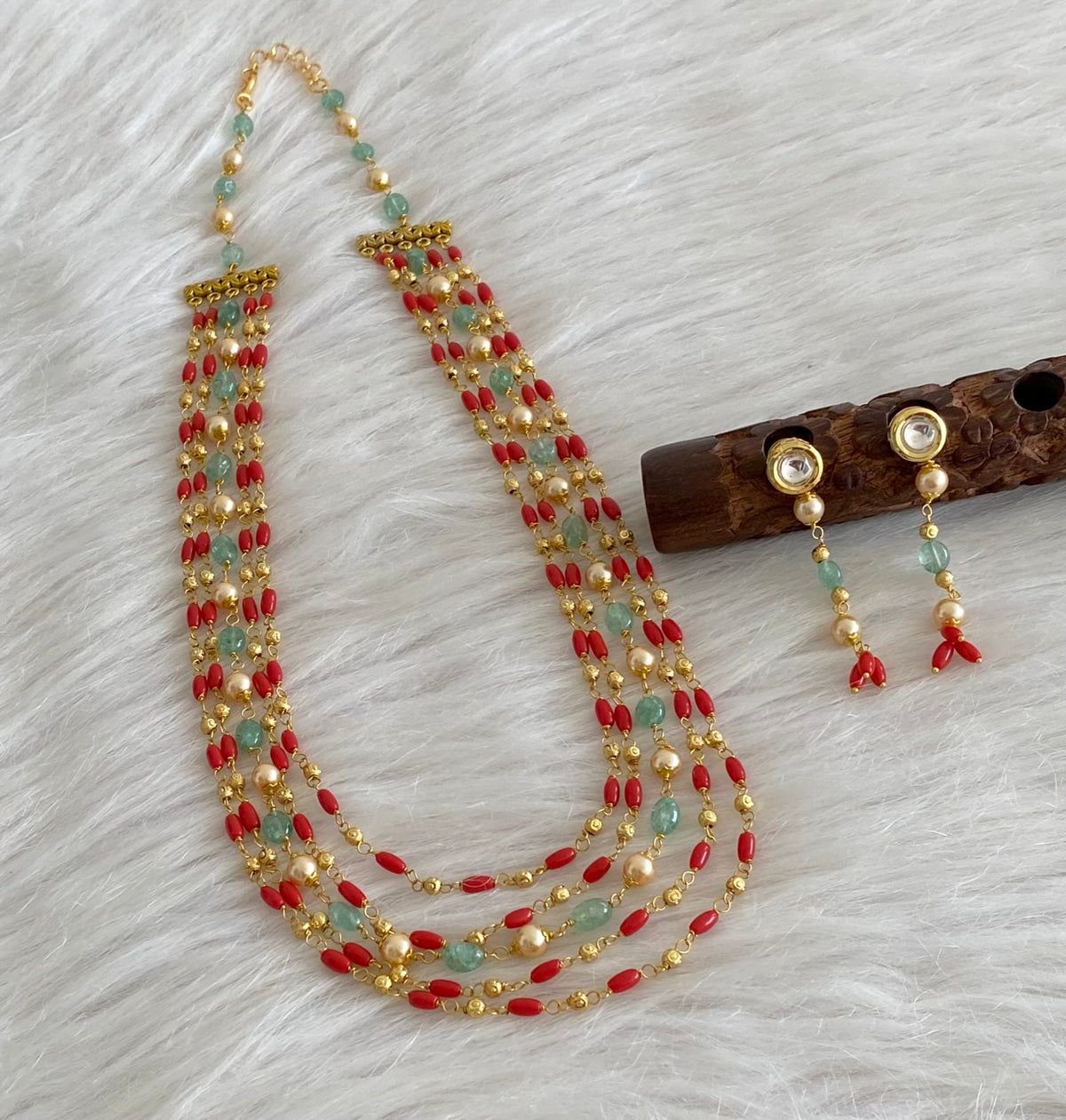 Antique gold tone multilayer coral beaded necklace set dj-54983