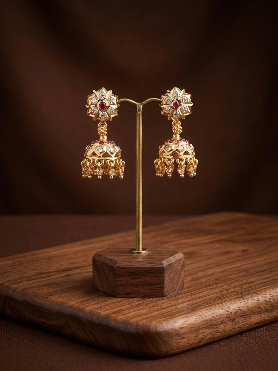 Gold tone AD pink-white south Indian flower jhumkka dj-53270