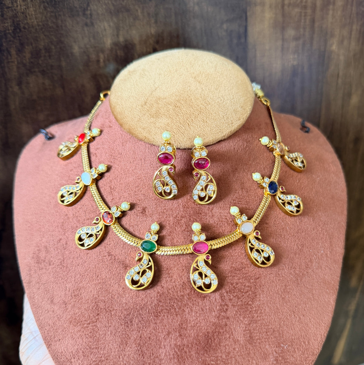 Matte finish navaratna stone peacock necklace set dj-34399