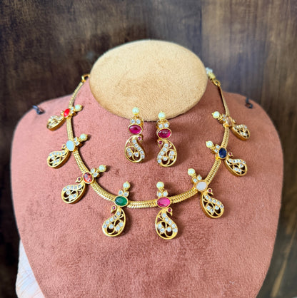 Matte finish navaratna stone peacock necklace set dj-34399