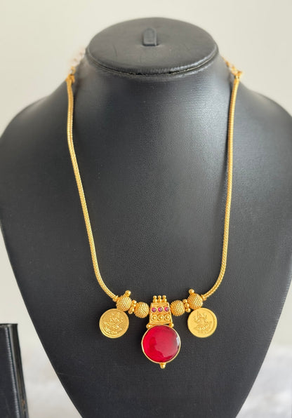Gold tone pink-red kerala style round kodi Lakshmi coin necklace dj-51706