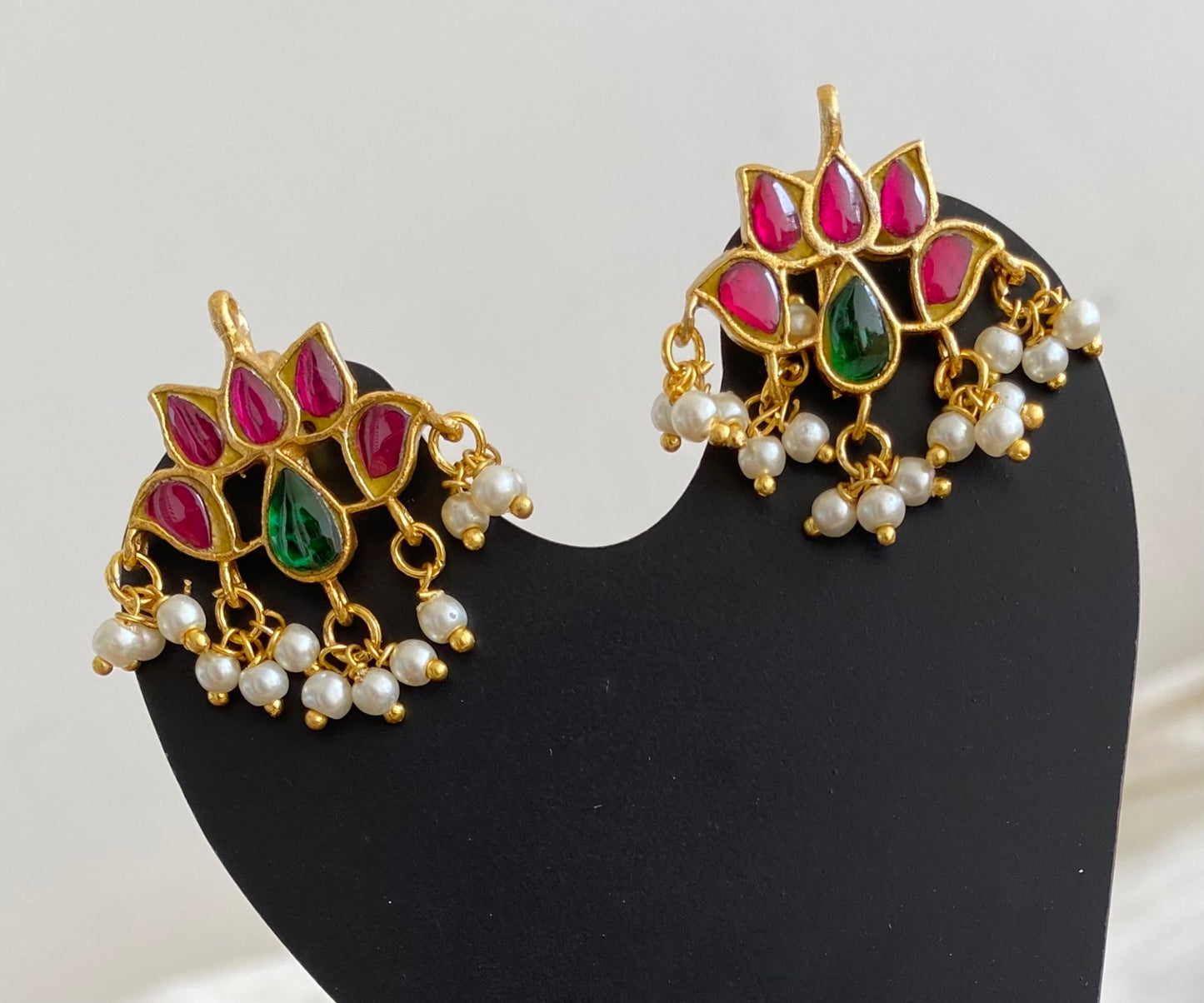 Gold tone pink-green kundan jadau lotus pearl bugadi earrings dj-53663