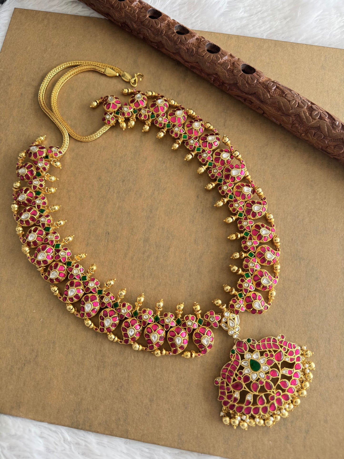 Gold tone pink-green-white Kundan jadau Mango peacock Haar Dj-51557