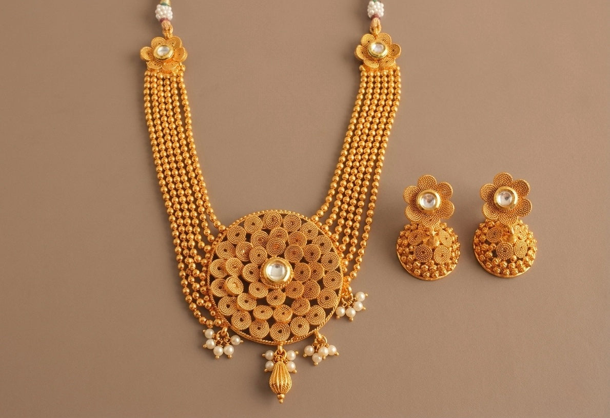 Antique gold tone multilayer Kundan ball chain necklace set-dj07766