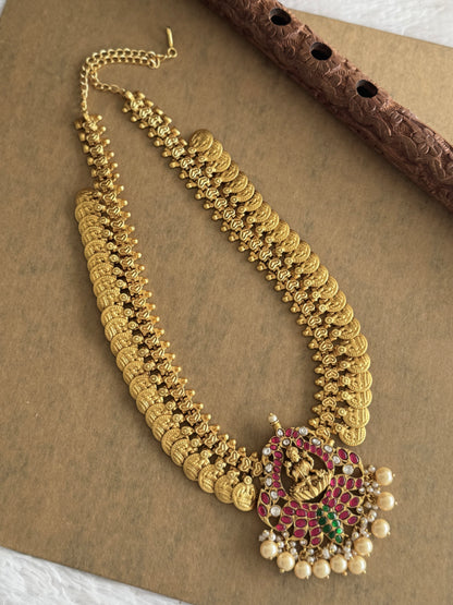 Matte gold tone kundan jadau Lakshmi coin peacock short haar dj-51558