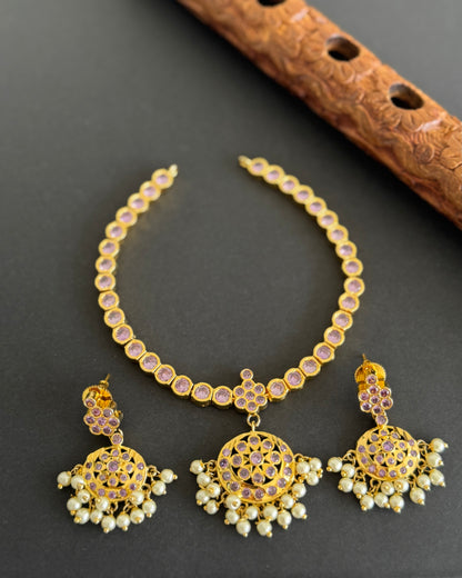 Gold tone AD lavender south Indian style attigai/necklace set dj-51485