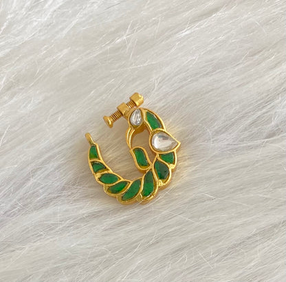 Gold tone kundan jadau white-green peacock nose pin dj-53712