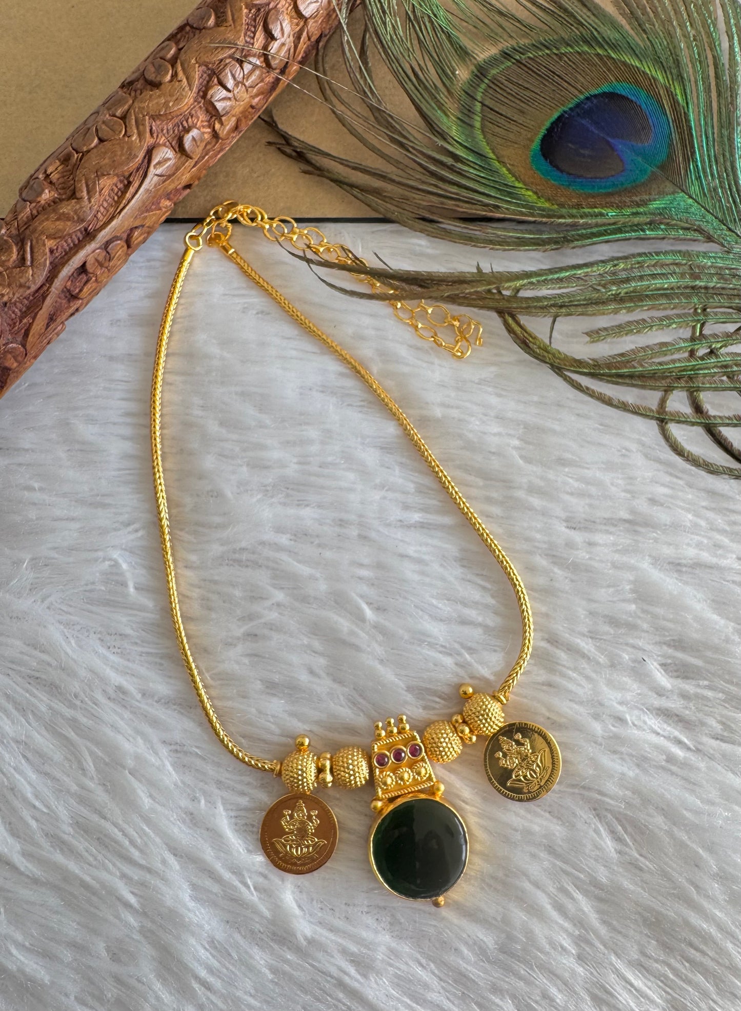 Gold tone pink-green kerala style round kodi Lakshmi coin necklace dj-51707