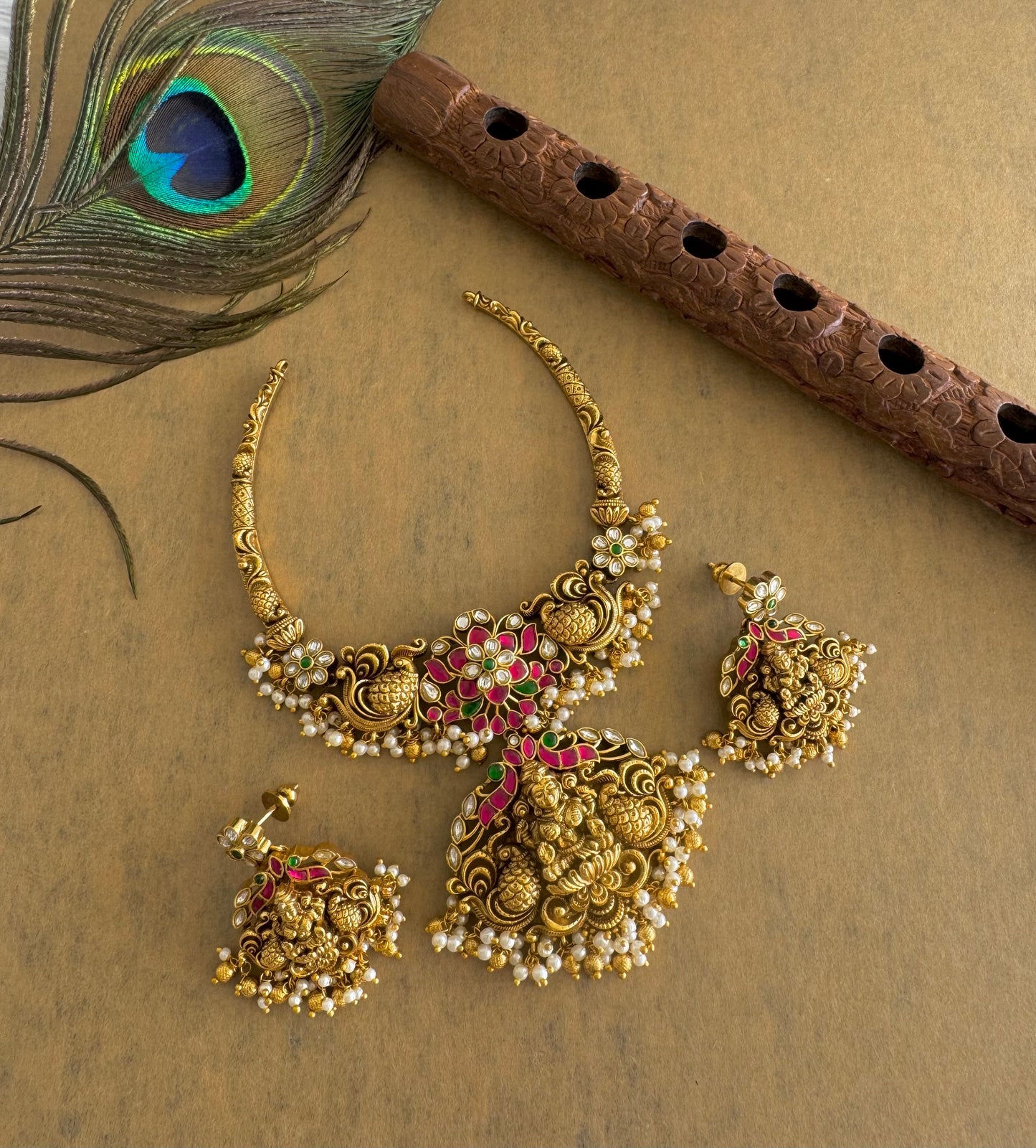 Antique gold tone pink-green kundan jadau lakshmi peacock necklace set dj-51542
