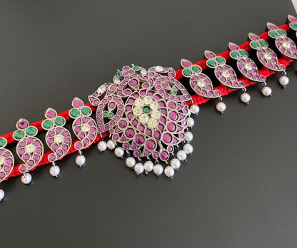 Black finish precious kemp-green-white pearl peacock mango waist band dj-53399