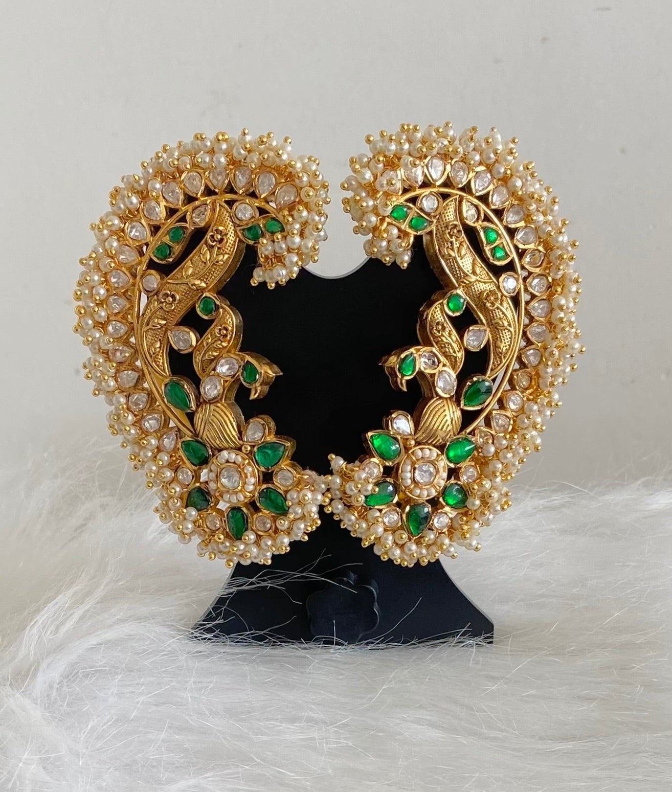 Gold tone white-green kundan jadau big peacock khanpool earrings dj-54571