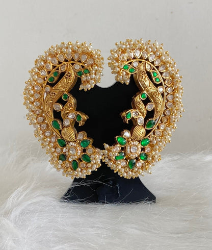Gold tone white-green kundan jadau big peacock khanpool earrings dj-54571