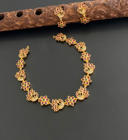 Gold tone pink-green-white stone peacock necklace set dj-54409