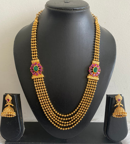 Gold tone ruby-emerald mugappu multilayer chain set dj-52904