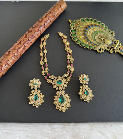 Antique gold tone ruby-sea green floral double layer necklace set dj-52128