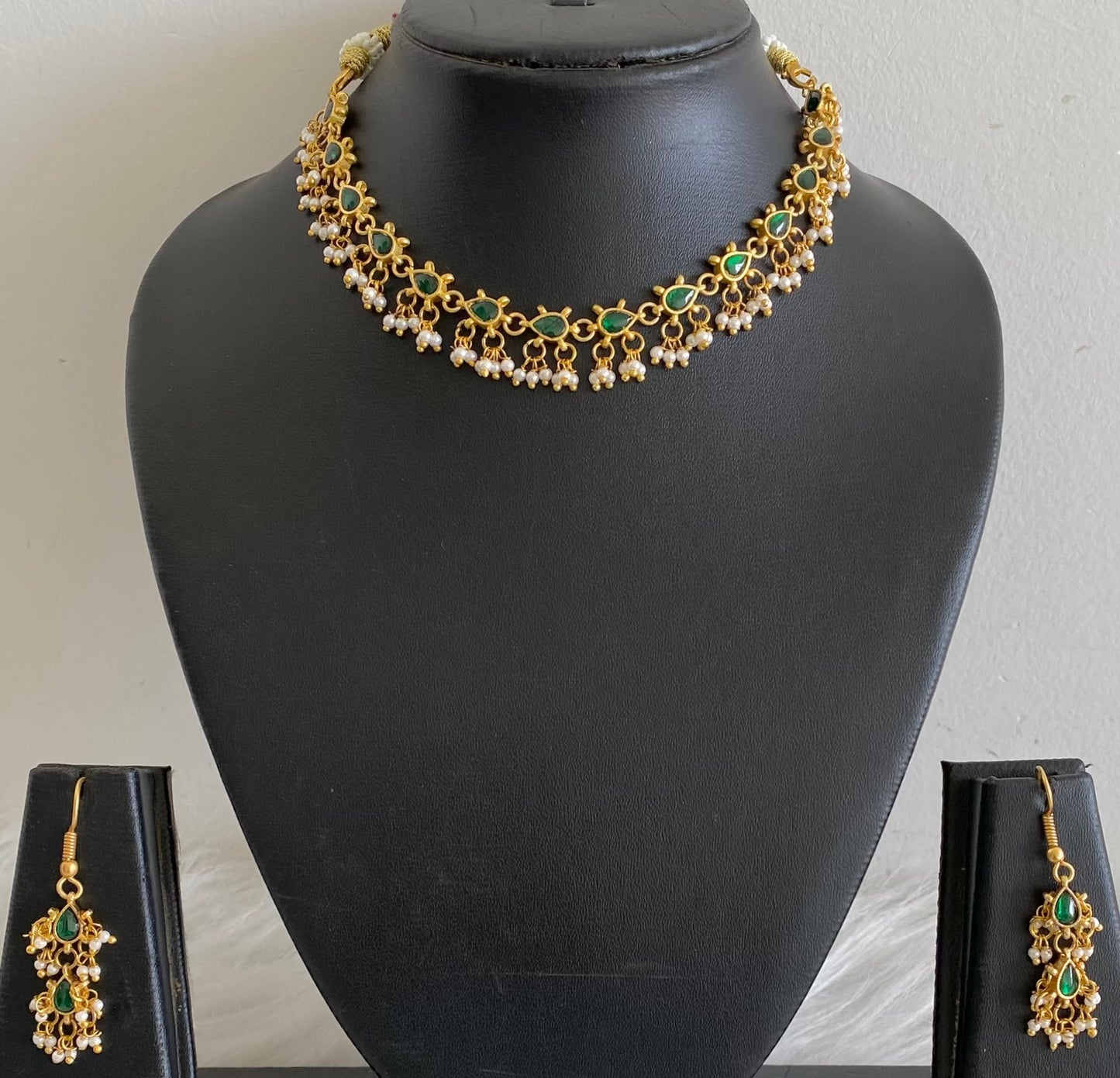 Antique gold tone green kundan jadau pearl necklace set dj-54151