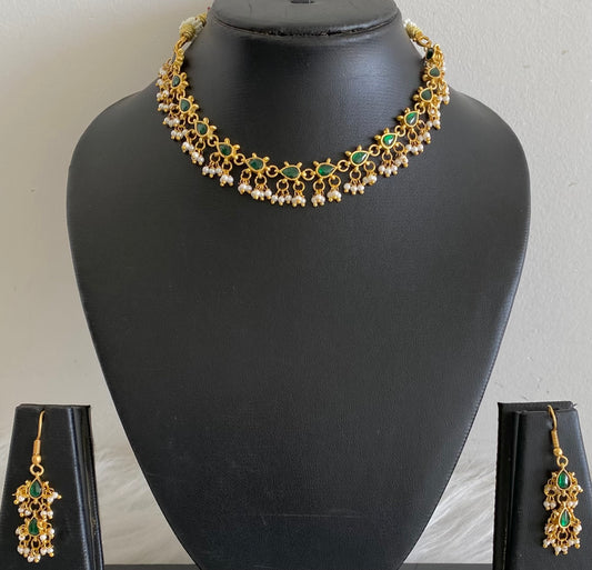 Antique gold tone green kundan jadau pearl necklace set dj-54151