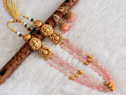 Antique gold tone baby pink beaded lakshmi peacock multi layer haar set dj-52426