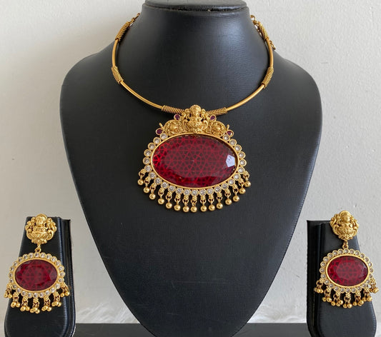 Matte finish lakshmi big red oval stone pendant hasli necklace set dj-54251