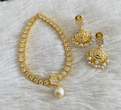 Gold tone AD white stone pearl south indian style necklace set dj-53422